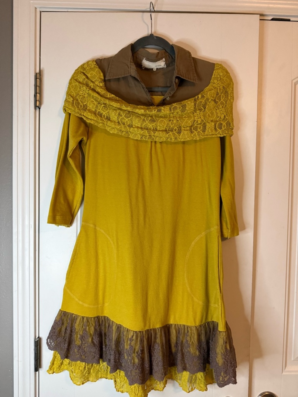 A'Reve Mustard Yellow Lace-Trim Long Sleeve Dress